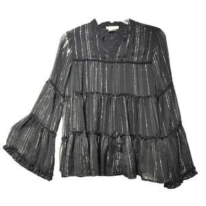 Sweet Magnolia Tiered Bell Sleeve Peasant Blouse Black Silver Metallic Womens S